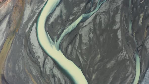 Aerial View of Patterns of Icelandic Rivers Flowing Into the Ocean. Iceland in Early Spring