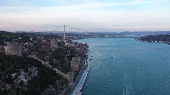 Istanbul Bosphorus Bridge And Old Rumeli Fortress Bridge  Aerial View alt