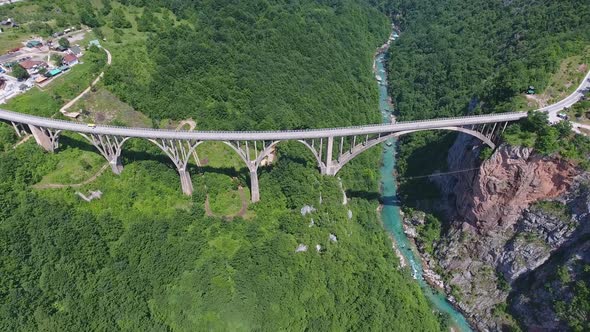 Aerial of Djurdjevica Arch Bridge Over Tara River alt