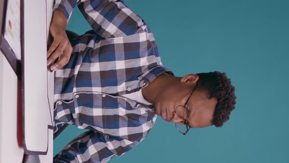 Vertical Video Male Employee Holding Speech Bubble with Text Message alt