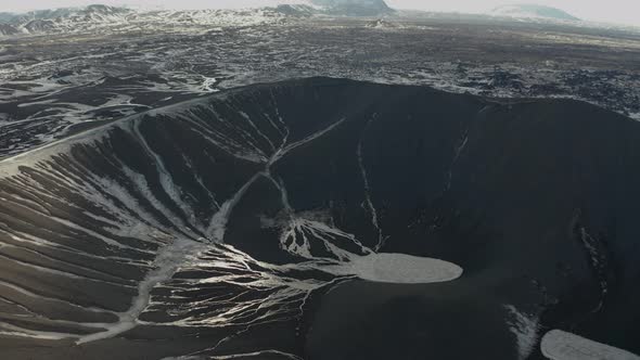 Aerial View of the Crater of the Volcano Hverfjall. Iceland in Early Spring.