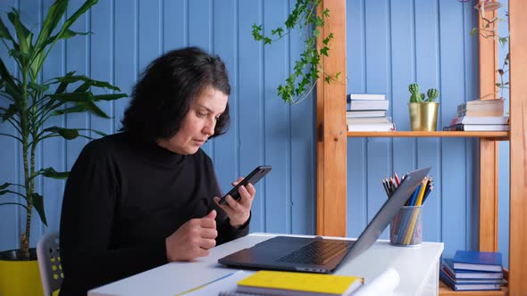 Excited Happy Mature Old 50s Woman Customer Winner Holding Smartphone alt