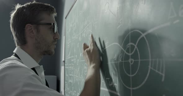 Creative mathematician writing formulas on the chalkboard