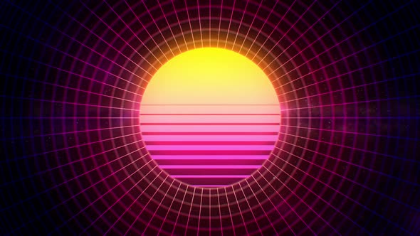 80's Retrowave, Sunset On Moving Grid