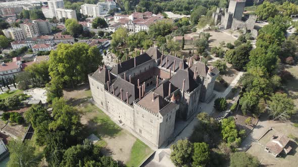 Aerial view of the medieval Palace of the Dukes of Braganza; Portugal