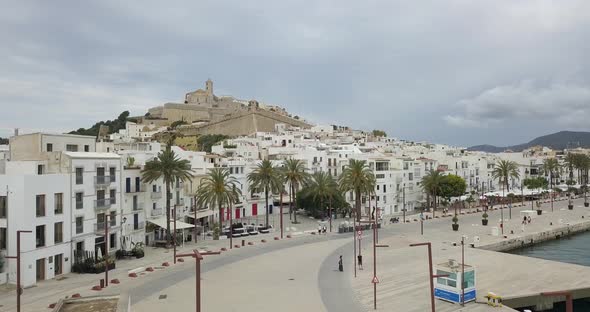 Aerial Footage of Promenade and Old Town with Castle, Ibiza, Spain. Close View