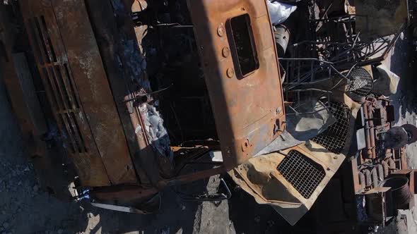 Vertical Video of a Destroyed Military Hardware in Bucha Ukraine alt
