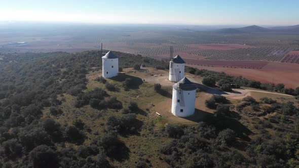 Aerial view of windmills in the countryside in Spain