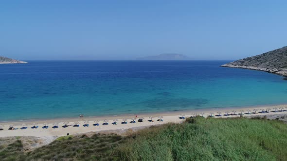 Mylopotas on the island of Ios in the Cyclades in Greece seen from the sky alt