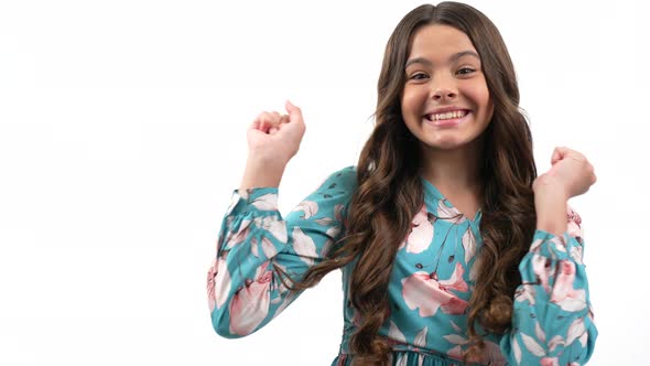 Look Here Teen Girl Pointing Finger Presenting Product Isolated on White Background Promoting alt