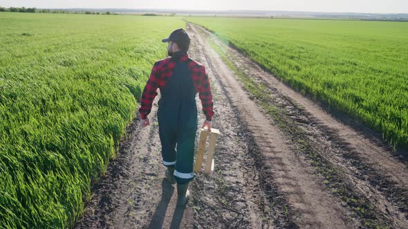 Farmer Walks to Field and Inspects His Land with Shovel and Basket for Harvest Fresh Crops Planted alt