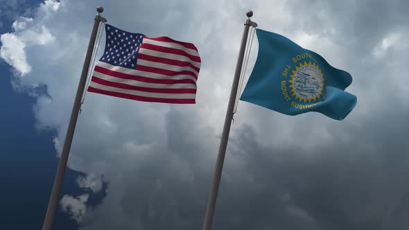 Waving Flags Of The United States And The South Dakota State 4K alt