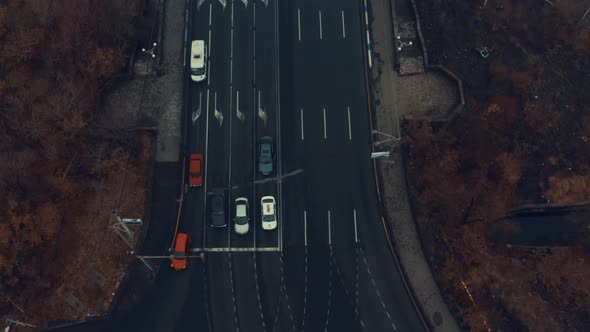 Cars Traffic Over the Bridge in the fog - Aerial (top view)