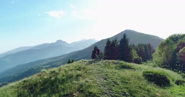 Biker Taking a Picture with Smartphone Aerial Riding Mountain Bike Along Forest Trail in Summer alt