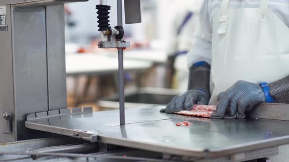 Meat Processing Plant, Butcher Cuts Pork Carcasses, Meat Production and Food Industry, the Process alt