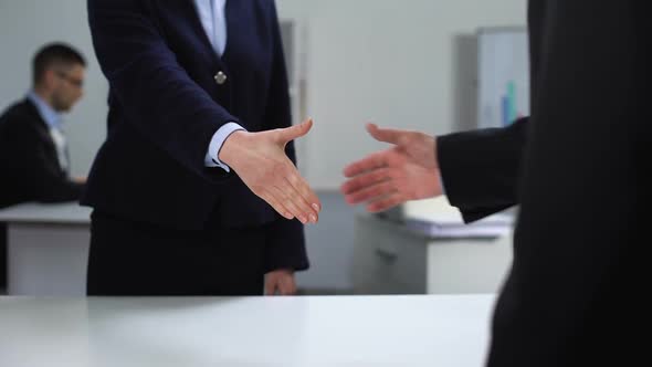 Man and Woman in Suits Shaking Hands at Workplace, Business Deal, Cooperation alt