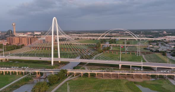 Drone view of the Margaret Hunt Hill Bridge in Dallas, Texas alt