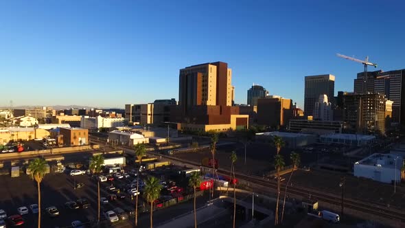 Aerial view of the downtown area at sunrise in Phoenix, Arizona. alt