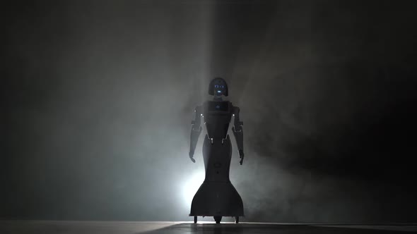 Robot Leaves in the Center of the Room and Waves Hello. Black Smoke Background alt