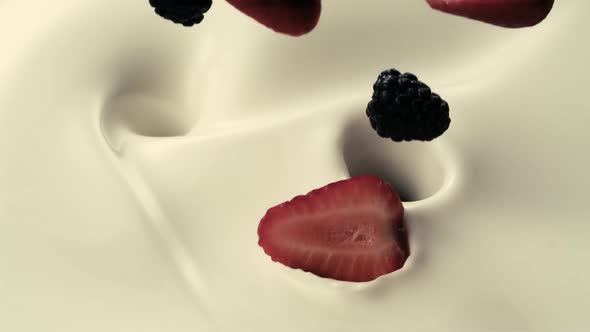 Blackberries and strawberries fall down into pouring creamy milk in slow motion