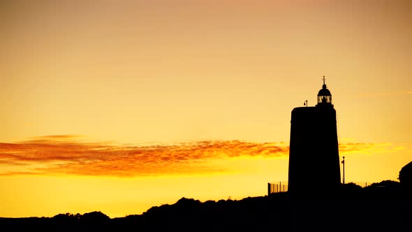 Sunset Sky, Clouds over Lighthouse on Coast. Timelapse alt