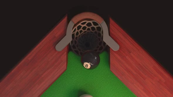 Billiard Table From Above Blow on a Black Ball 8 It Flies Into the Hole in Slow Motion alt