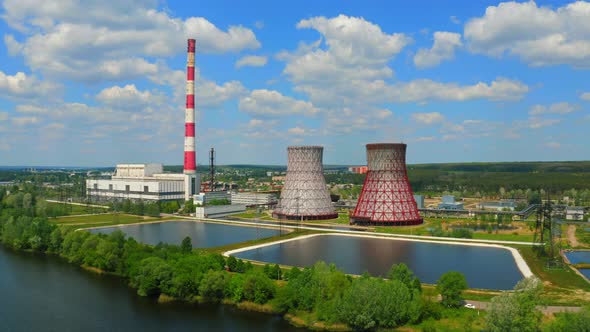 Thermal Power Station and Factories in Sunny Day