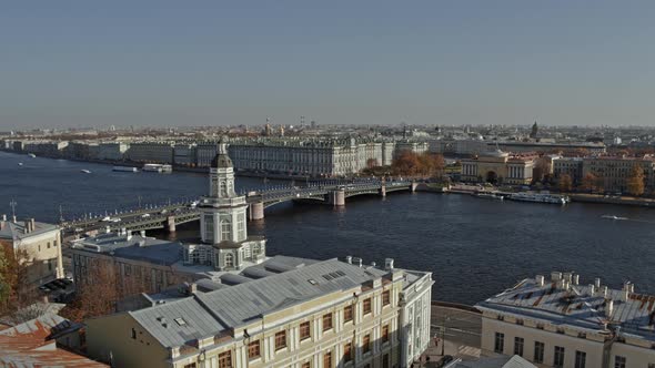 Drone view of Saint Petersburg Historical  Museum of anthropology spire. alt