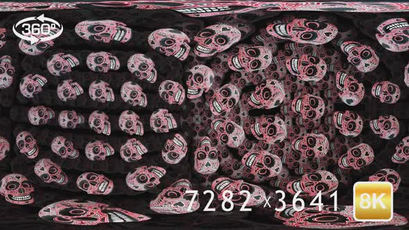 8K 360 degrees equirectangular panorama of cartoon skulls