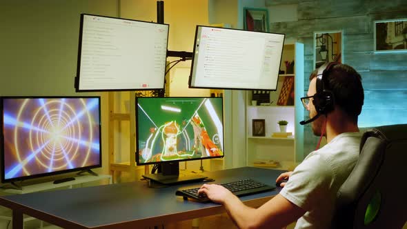 Cheerful Pro Gamer Celebrating His Victory at Shooter Games alt