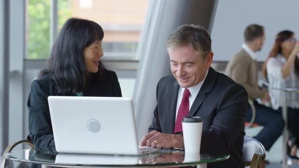 Two mature business people meet and use laptop computer