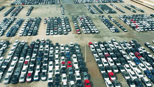 Aerial View of New Cars in Car Factory Parking Lot. Automobile, Cars Dealer Parking Lot. alt