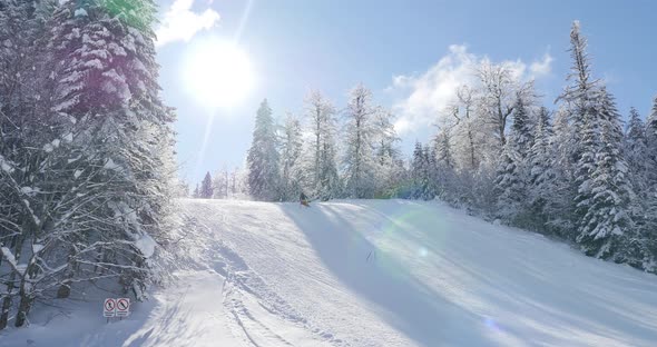 Footage of a beautiful winter scene with a skier skiing downhill