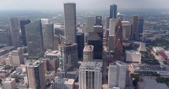 Drone view of downtown Houston skyline and surrounding area. This video was filmed in 6k and down sc alt