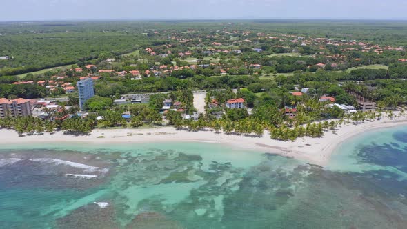 Juan Dolio beach and coastline in Dominican Republic. Aerial alt
