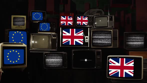 Brexit, UK & EU Flags on Retro Television Stack Installation. alt