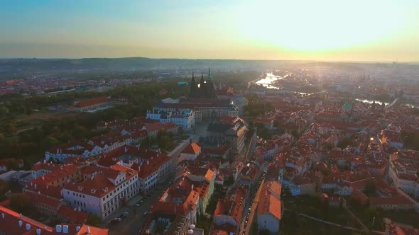 Aerial View of Prague City and Prague Castle and River Vitava