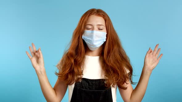 Calm Girl in Protective Mask Relaxing, Meditating. Woman Calms Down, Breathes Deeply with Mudra alt