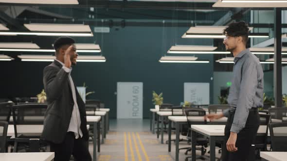 Diverse Multiracial Businessmen Two Partners African Man Meet Arabian Colleague Friend in Office alt