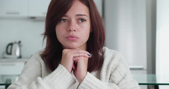 Head Shot Close Up Stressed Young Woman Looking Away Thinking of Personal or Health Problems alt