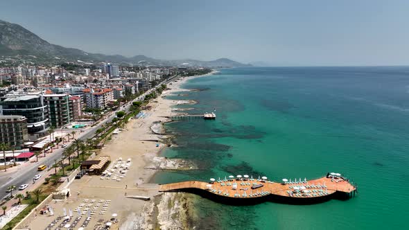 Pier by the sea aerial view Turkey Alanya 4 K alt