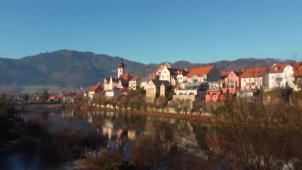 Austrian town Frohnleiten in Styria at river Mur. Crane shoot.