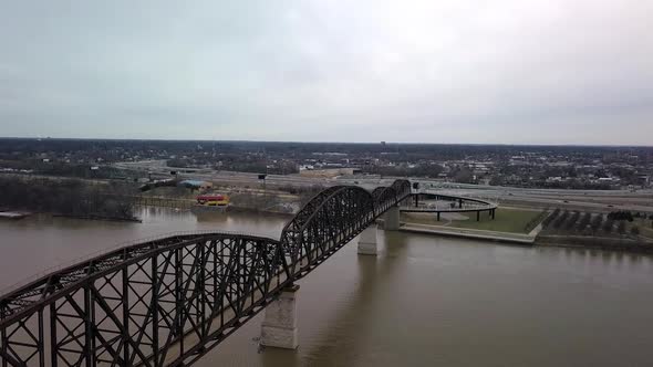 Aerial view (angle) of George Rogers Clark Memorial Bridge (Louisville, Kentucky ) over Ohio river alt