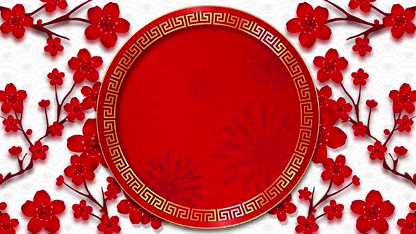 Chinese new year background with rotating oriental style decoration red circle and flowers