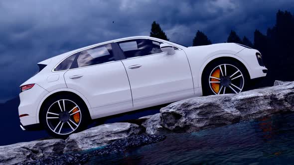 White Luxury Off-Road Vehicle Standing on Rocks in the Evening