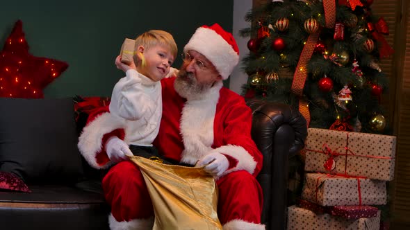Cute Child Sits on the Lap of Santa Claus and Chooses a Gift in a Bag for Himself alt