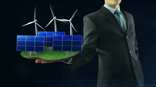Business Man Has on Hand Green Energy Concept Build Animation Solar Panel and Windmill Black