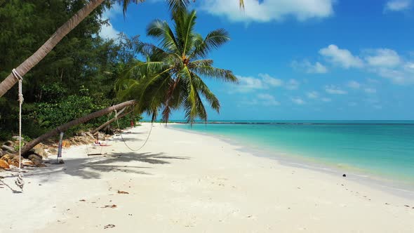 Paradise beach with palm trees bent over white sandy beach washed by turquoise lagoon under bright b alt