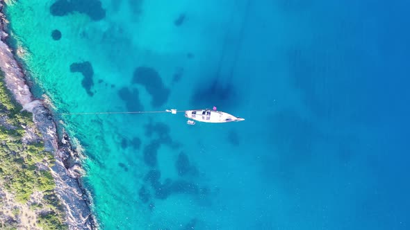 Aerial View of a Yaht Moored Near Spinalonga Island, Crete, Greece