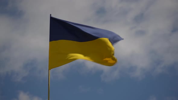 Ukraine flag waving in the wind  the sky background, close up alt